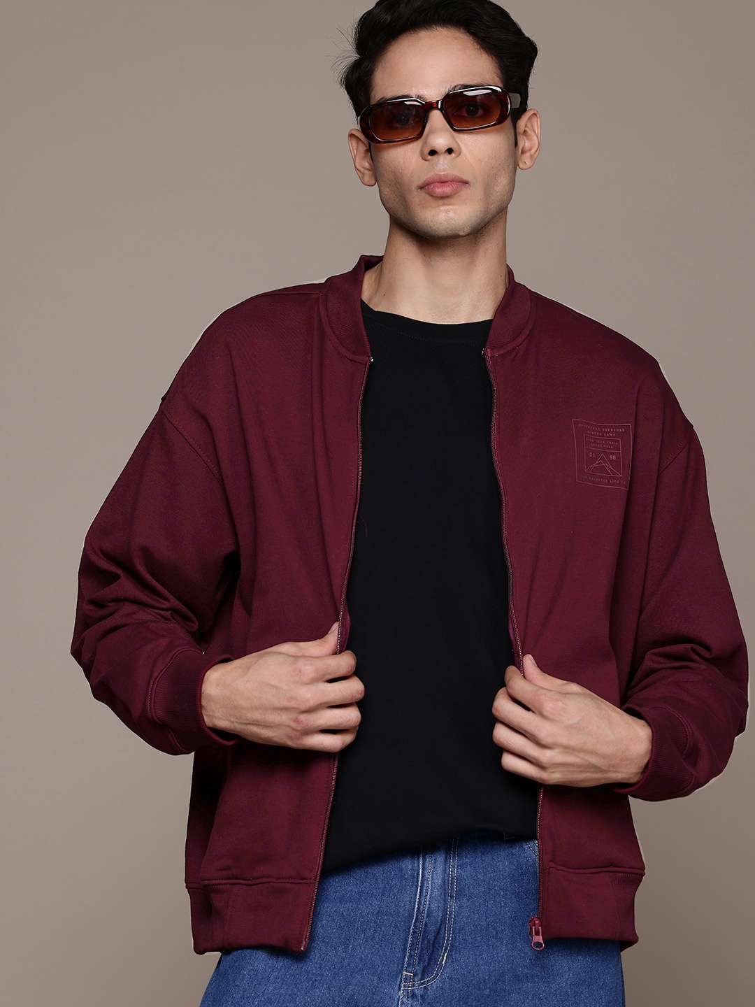 

The Roadster Lifestyle Co. Relaxed Fit Front-Open Sweatshirt, Burgundy