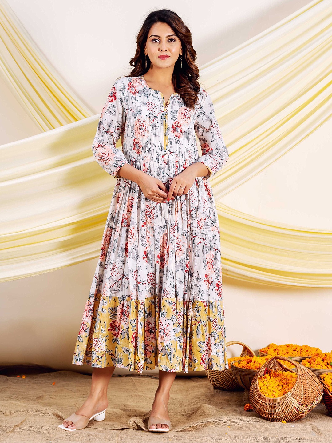 

MISSPRINT Floral Print Cotton A-Line Midi Dress, Yellow