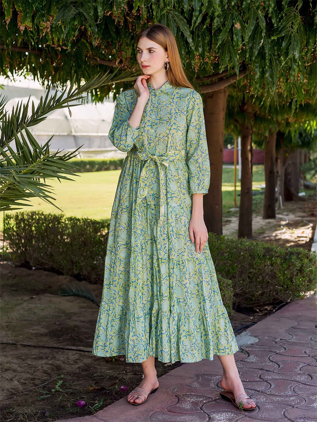 

MISSPRINT Floral Print Shirt Collar Maxi Dress, Lime green