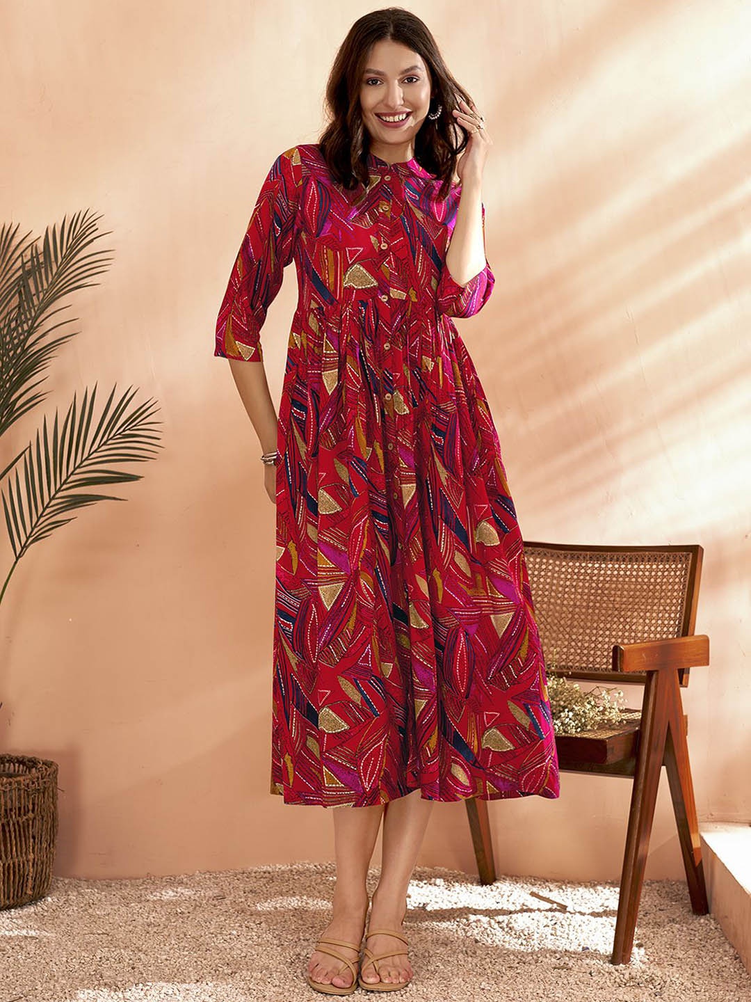 

Anouk Red Abstract Printed Fit & Flared Ethnic Dress