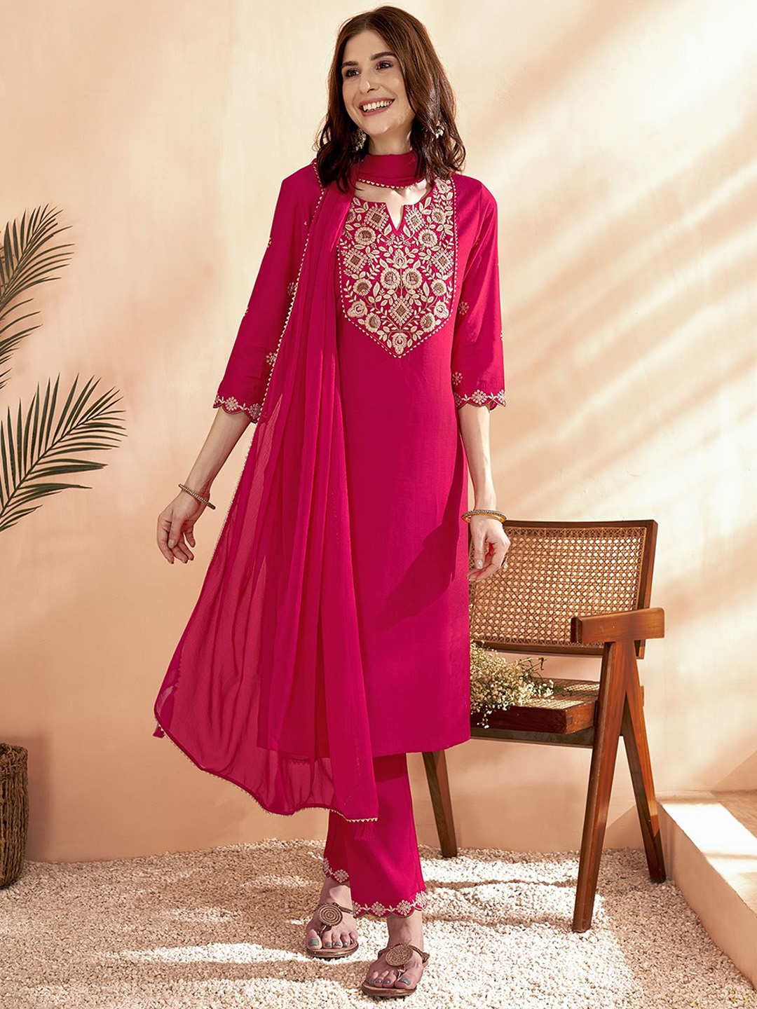 

Anouk Pink Floral Yoke Design Thread Work Chanderi Silk Kurta With Trousers & Dupatta