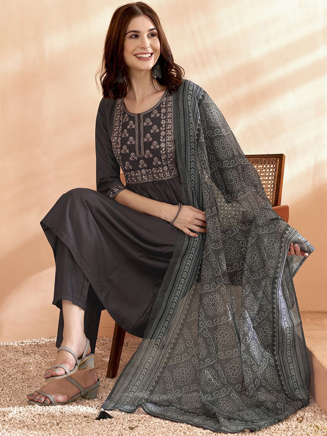 

Anouk Grey Embroidered Thread Work A-Line Kurta With Trousers & Dupatta