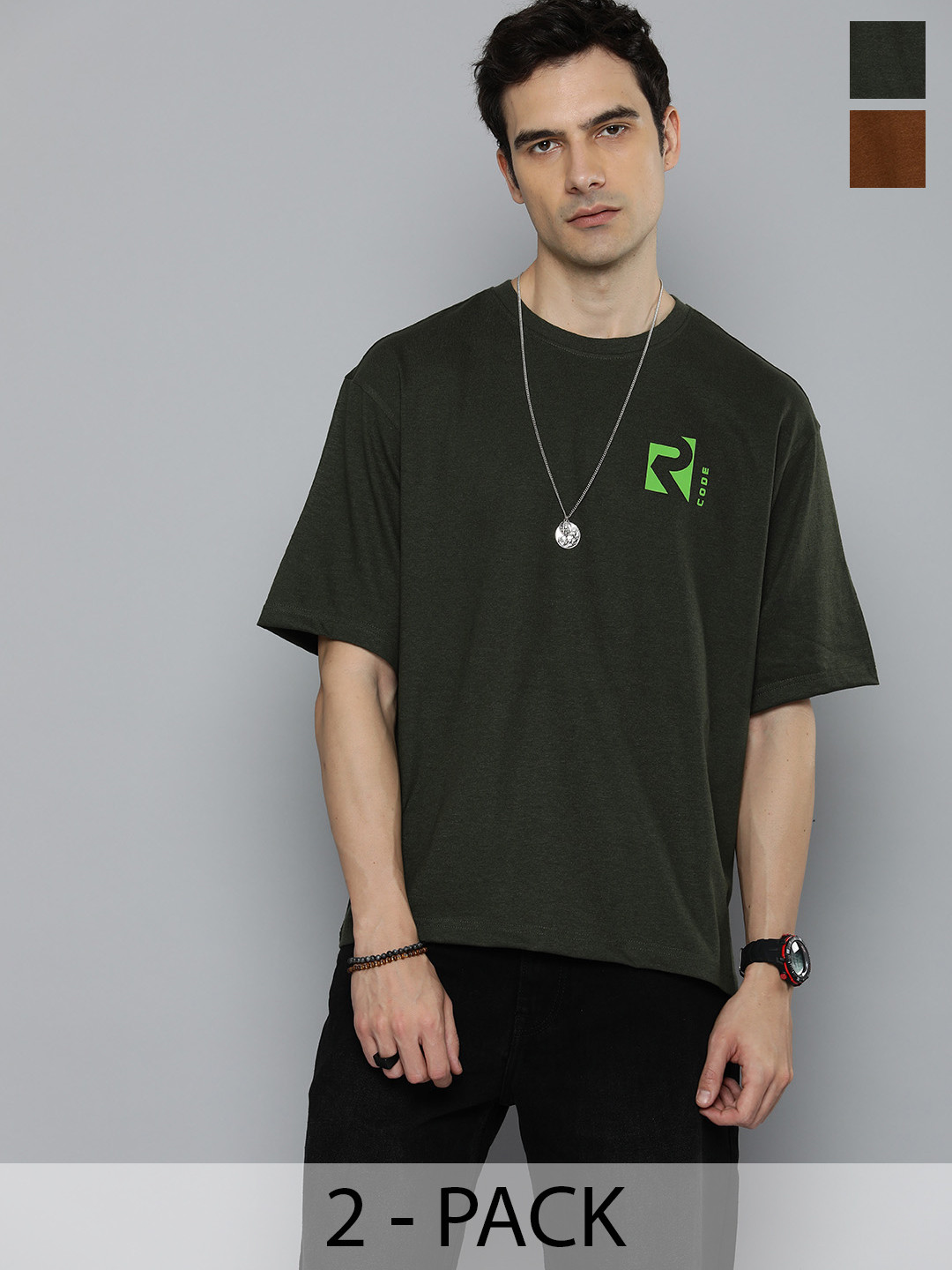 

R.Code by The Roadster Life Co. Pack Of 2 Men Round Neck Short Sleeves Oversized T Shirts, Olive