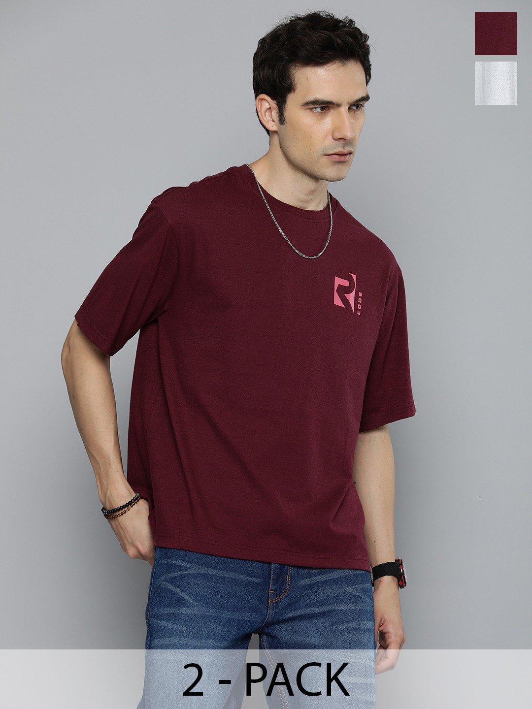 

R.Code by The Roadster Life Co. Pack Of 2 Men Round Neck Short Sleeves Oversized T Shirts, Burgundy