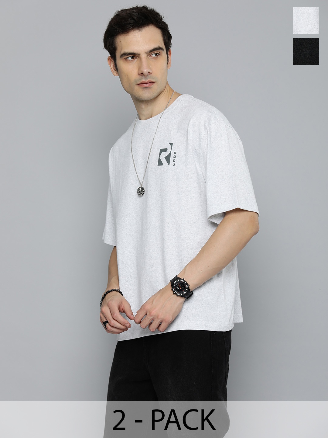 

R.Code by The Roadster Life Co. Pack Of 2 Men Round Neck Short Sleeves Oversized T Shirts, White