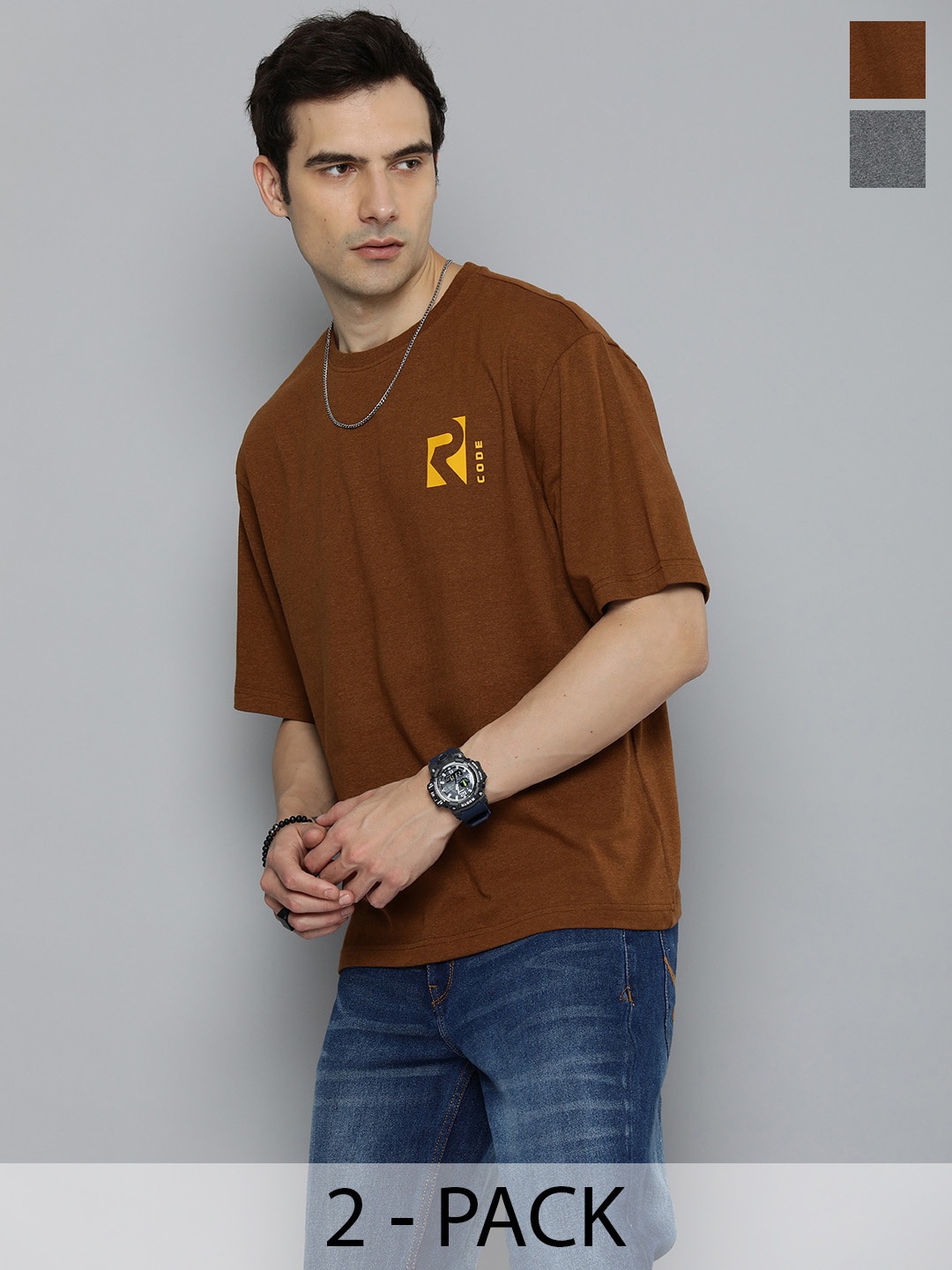 

R.Code by The Roadster Life Co. Pack Of 2 Men Round Neck Short Sleeves Oversized T Shirts, Mustard