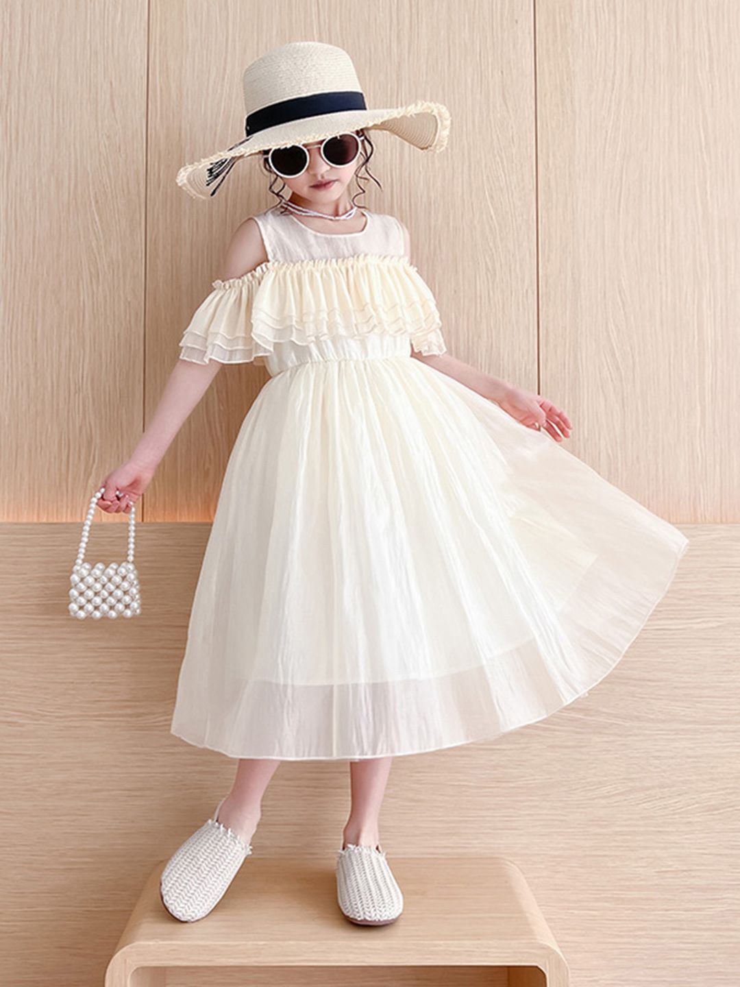 

INCLUD Girls Flared Midi Empire Dress, Beige