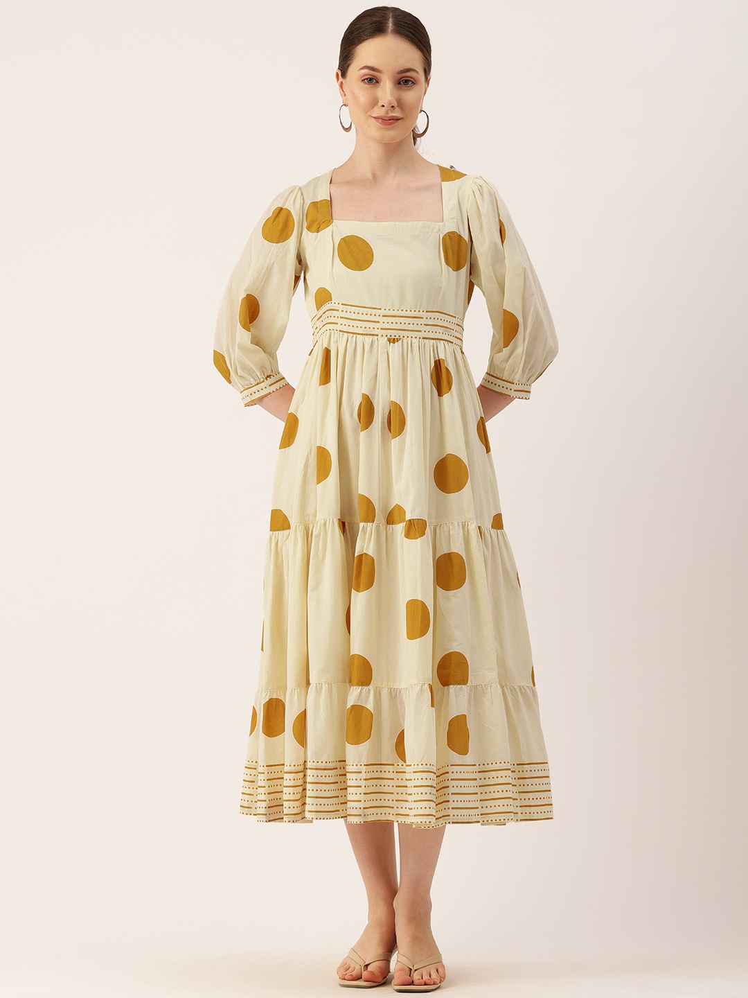 

Jaipur Morni Polka Dot Print Puff Sleeve Fit & Flare Midi Dress, Cream
