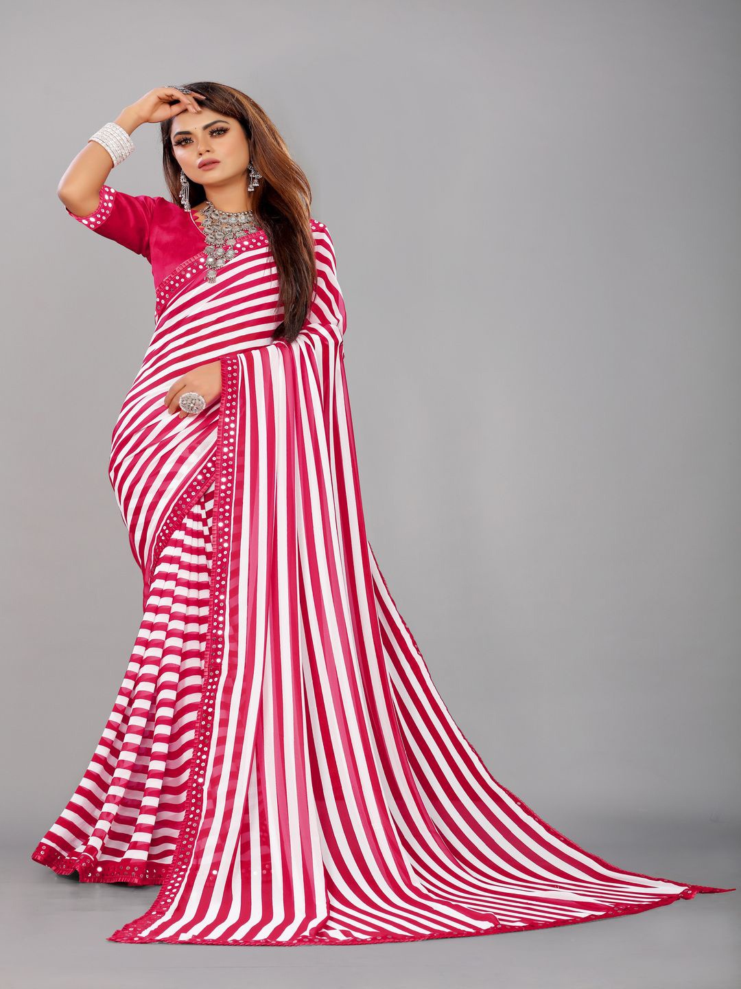 limtd Striped Mirror Work Pure Georgette Leheriya Saree, Pink