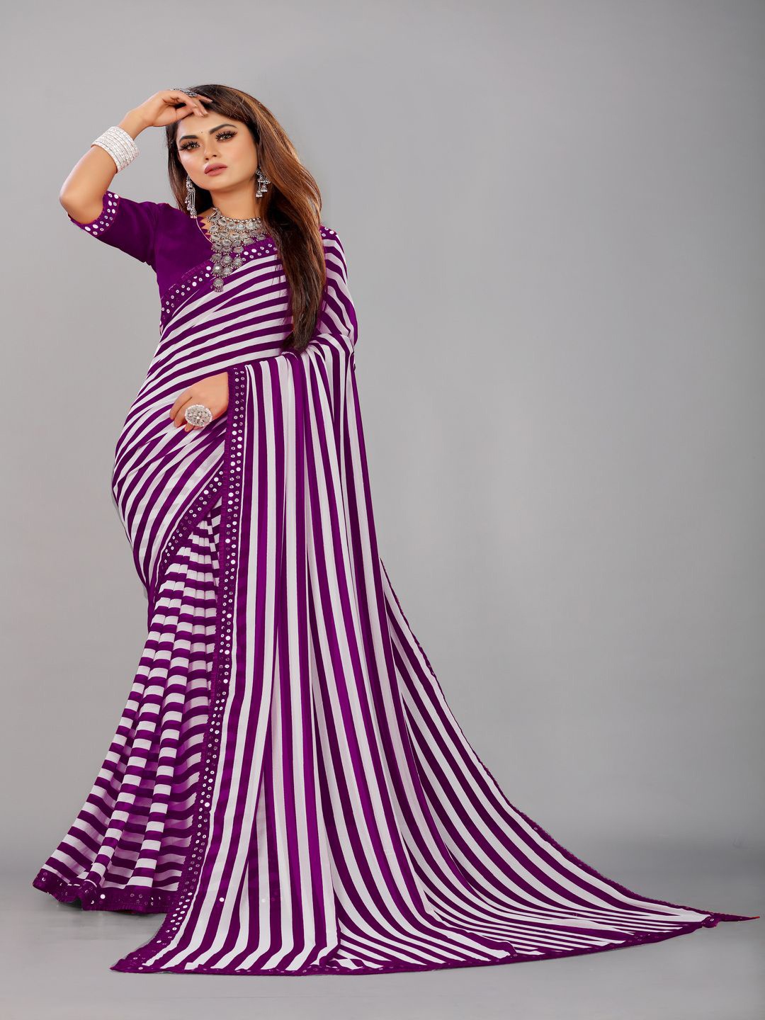 

limtd Striped Sequinned Pure Georgette Leheriya Saree, Purple