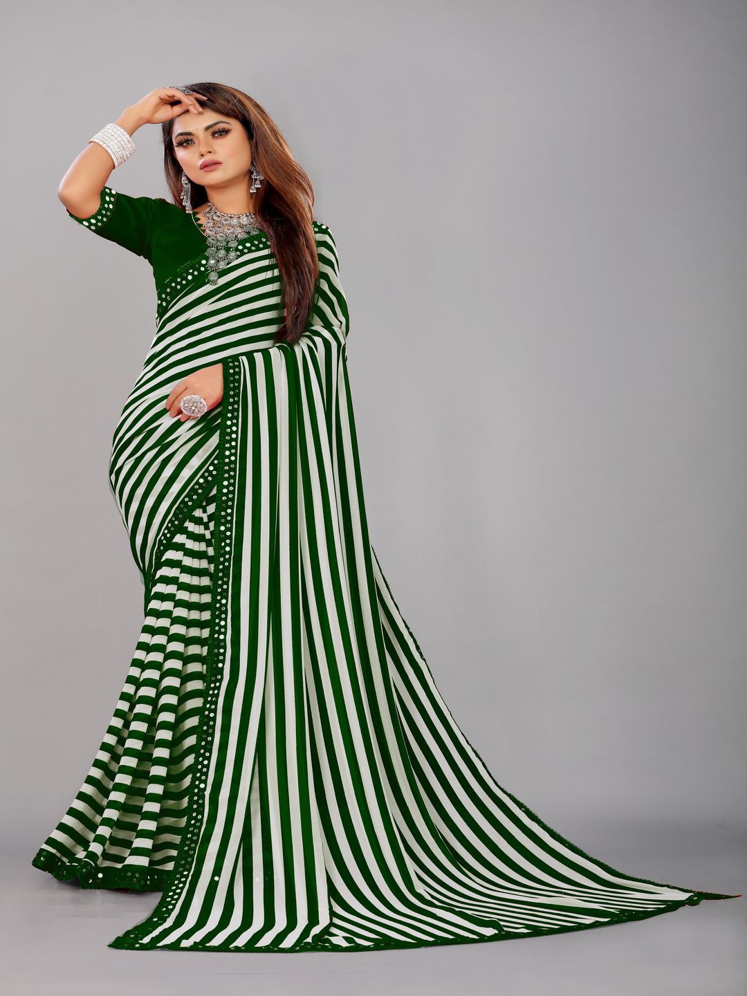 

limtd Striped Sequinned Pure Georgette Leheriya Saree, Green