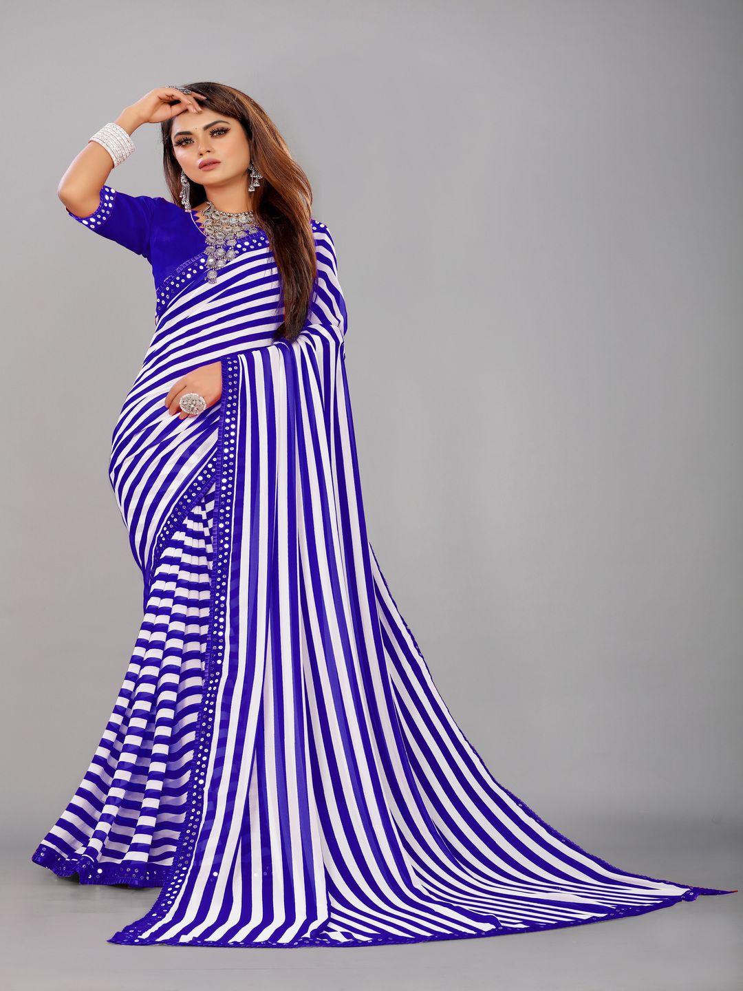 

limtd Striped Pure Georgette Leheriya Saree, Blue