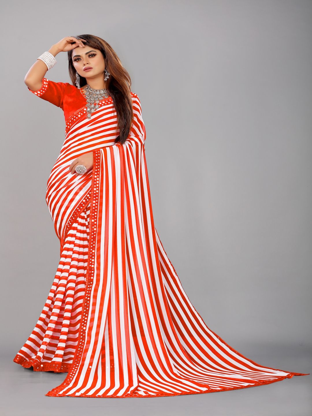 limtd Leheriya Mirror Work Pure Georgette Leheriya Saree, Orange