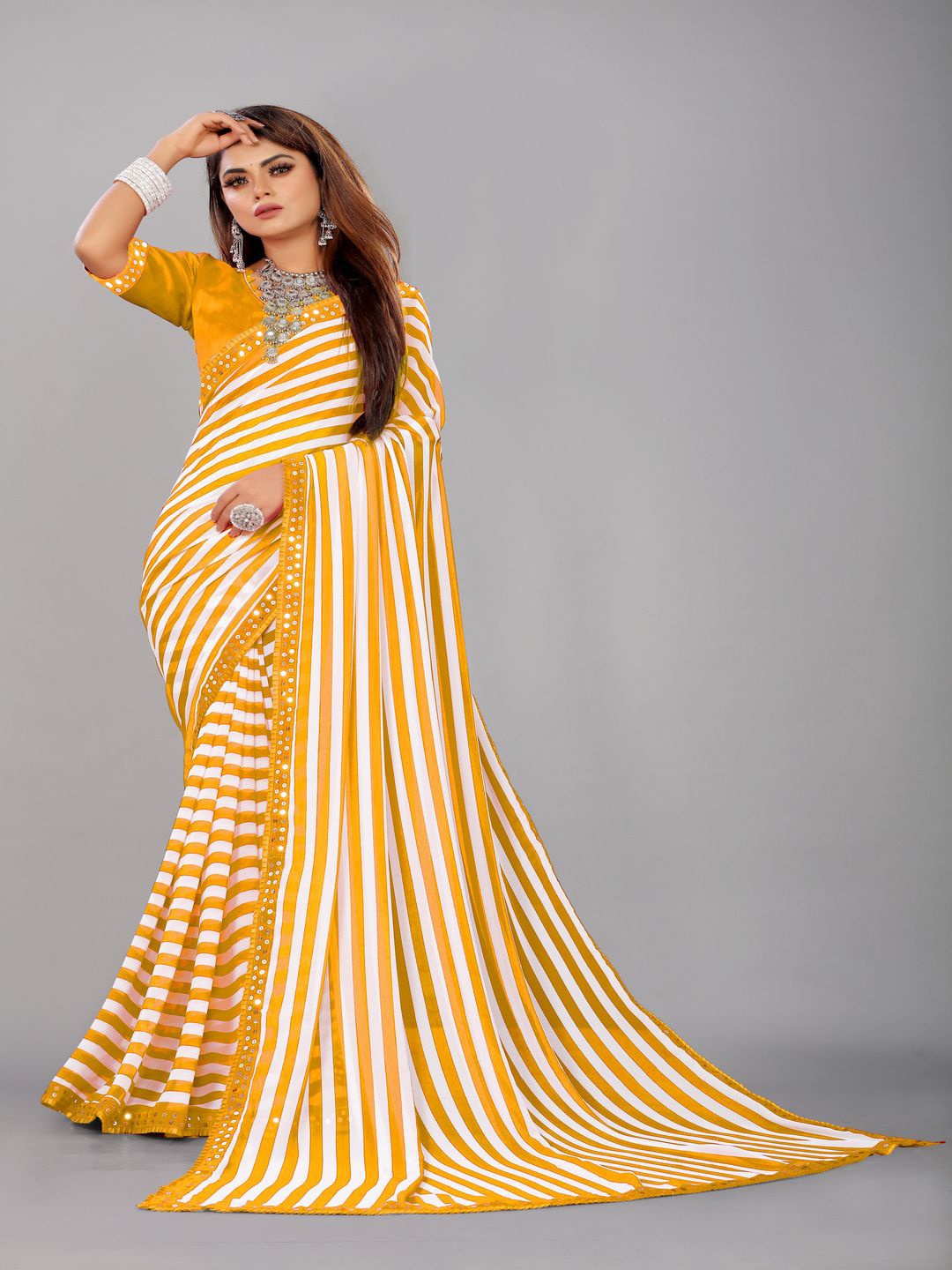 

limtd Striped Mirror Work Pure Georgette Saree, Yellow