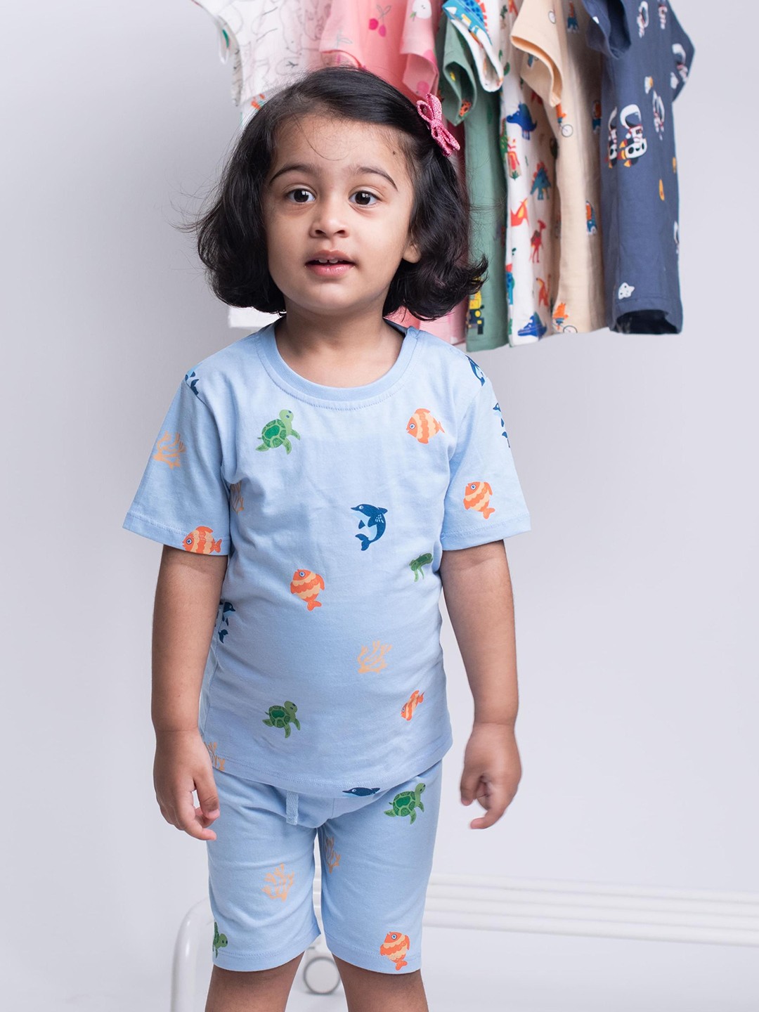 

Orange Sugar Unisex Printed Pure Cotton T-shirt with Shorts, Blue
