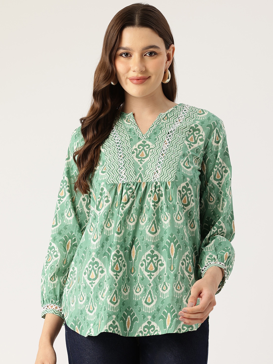 

Jaipur Morni Ikat Print Ethnic Cotton Top, Green