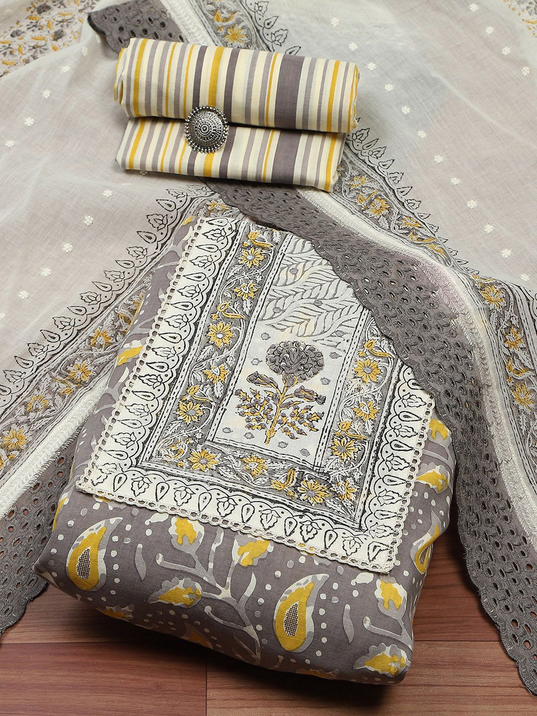 

Biba Embroidered Pure Cotton Unstitched Dress Material, Grey