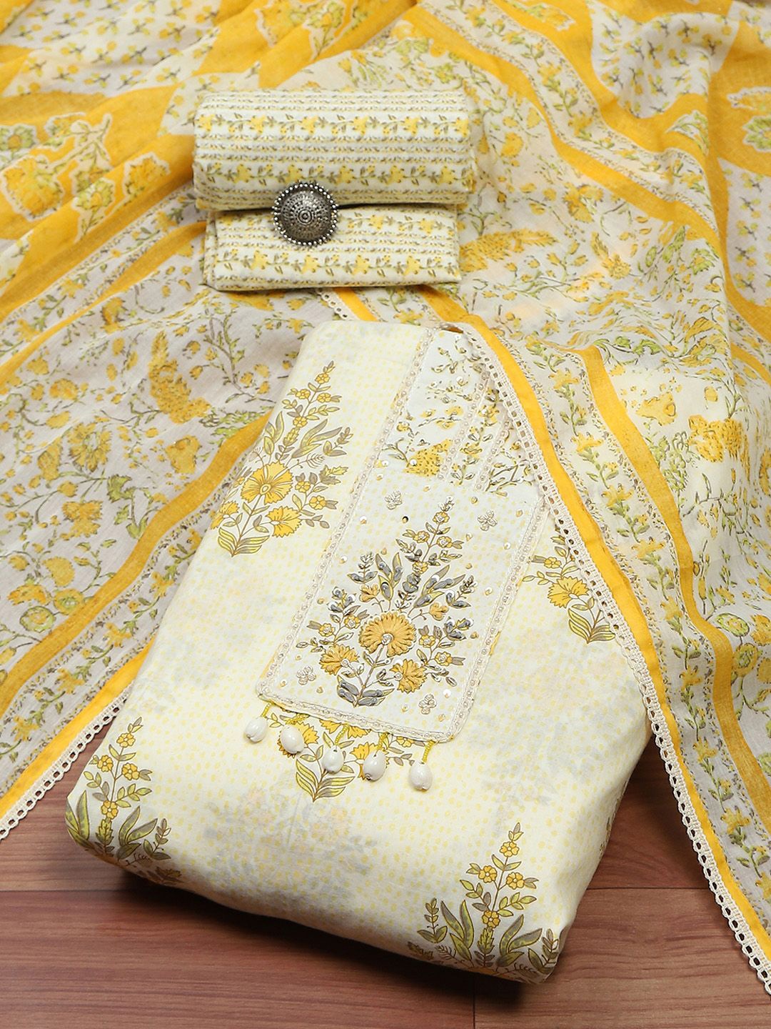 

Biba Printed Pure Cotton Unstitched Dress Material, Yellow