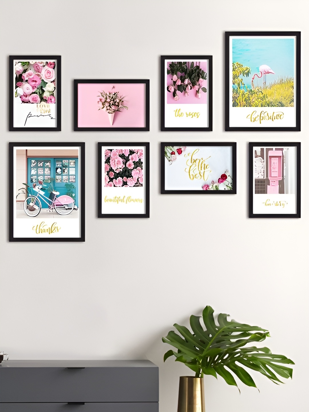 

Art Street Black & Pink 8Pieces Wooden Floral And Botanical Wall Paintings