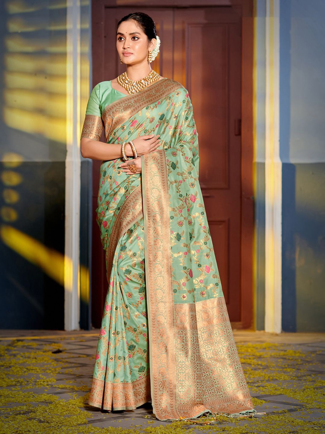 

Fashion Petals Ethnic Woven Design Motifs Banarasi Saree, Sea green