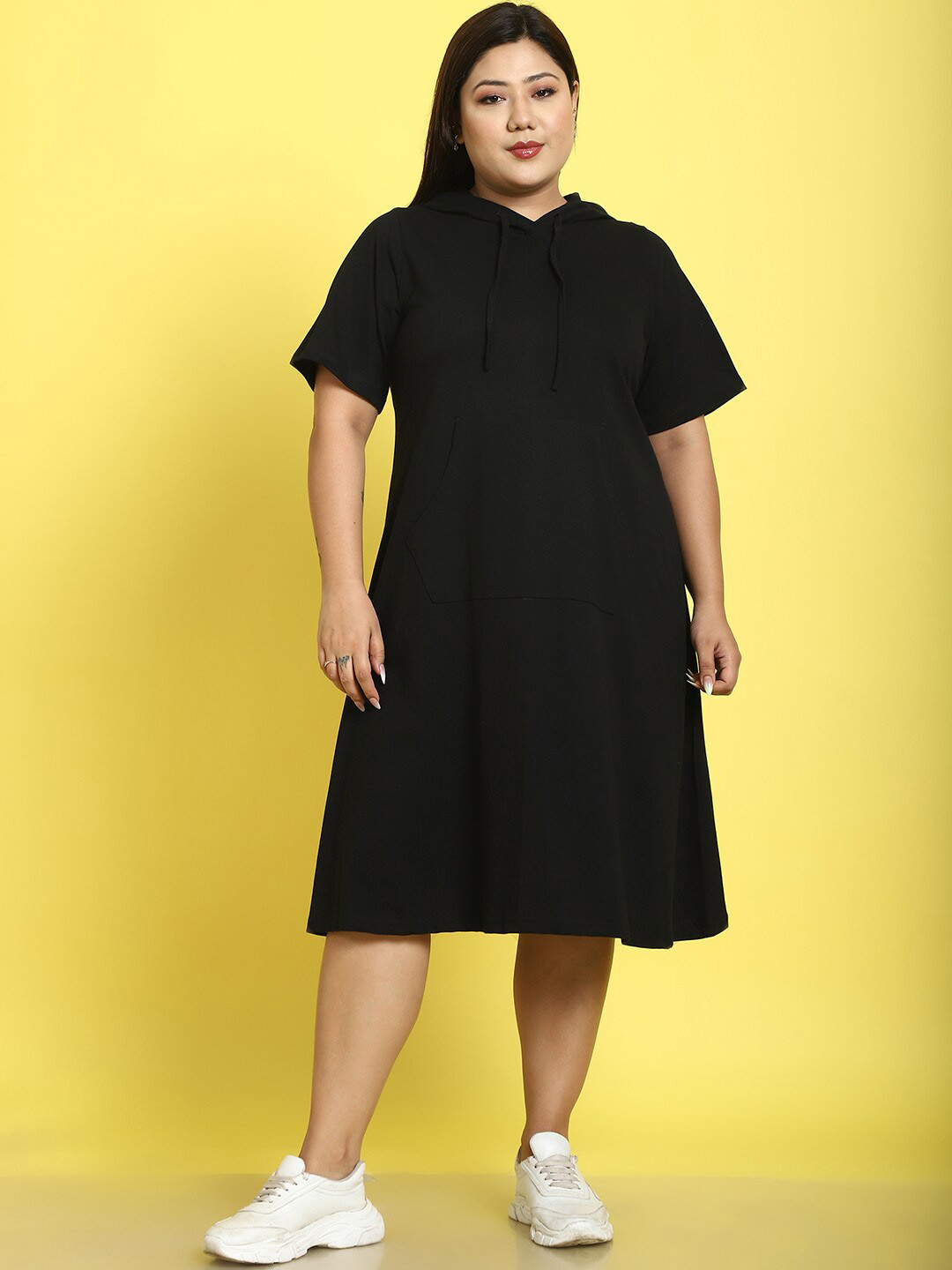 

theRebelinme Plus Size Hooded Neck Cotton A-Line Dress, Black