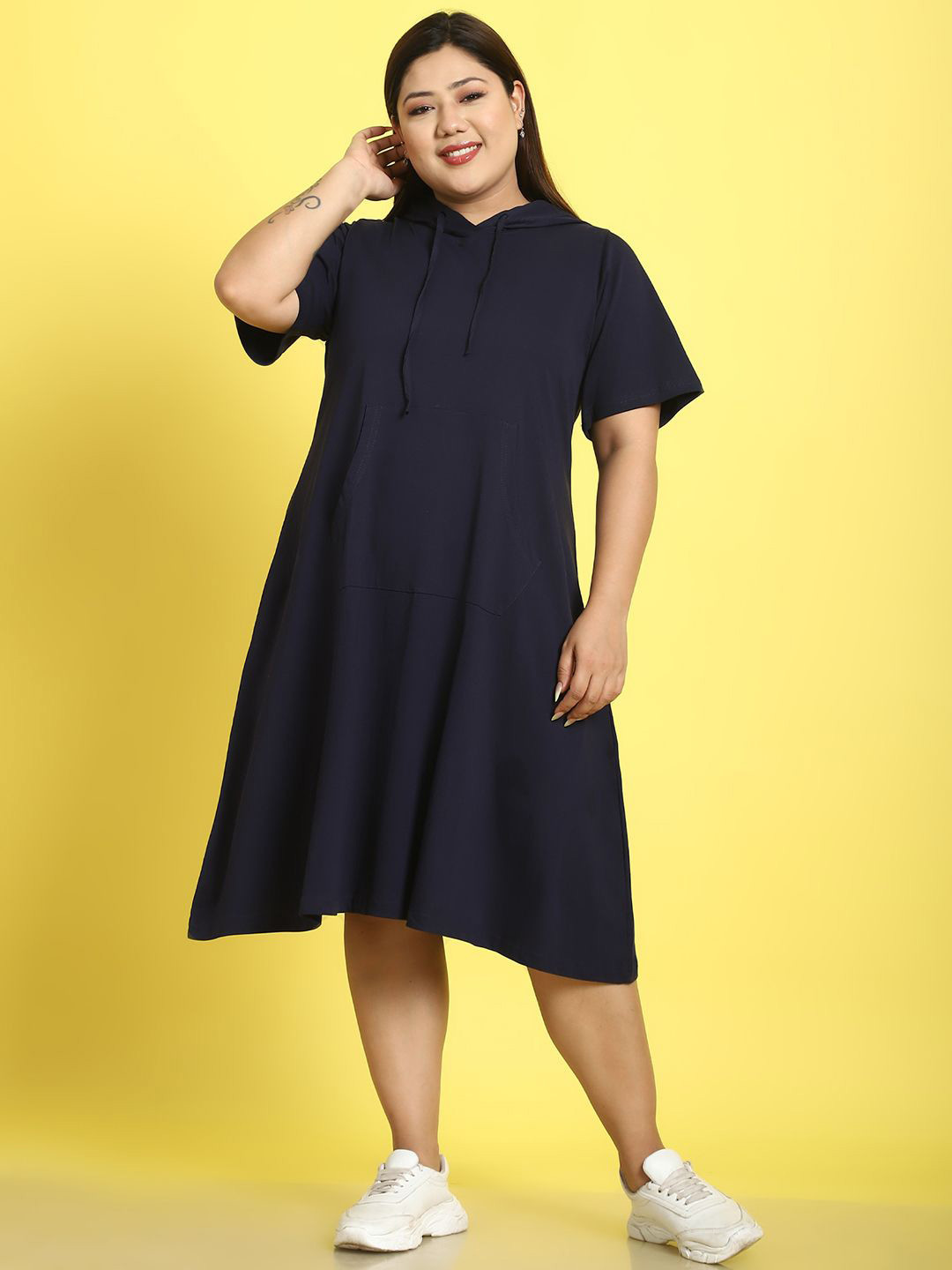 

theRebelinme Plus Size Hooded Neck Cotton A-Line Dress, Navy blue