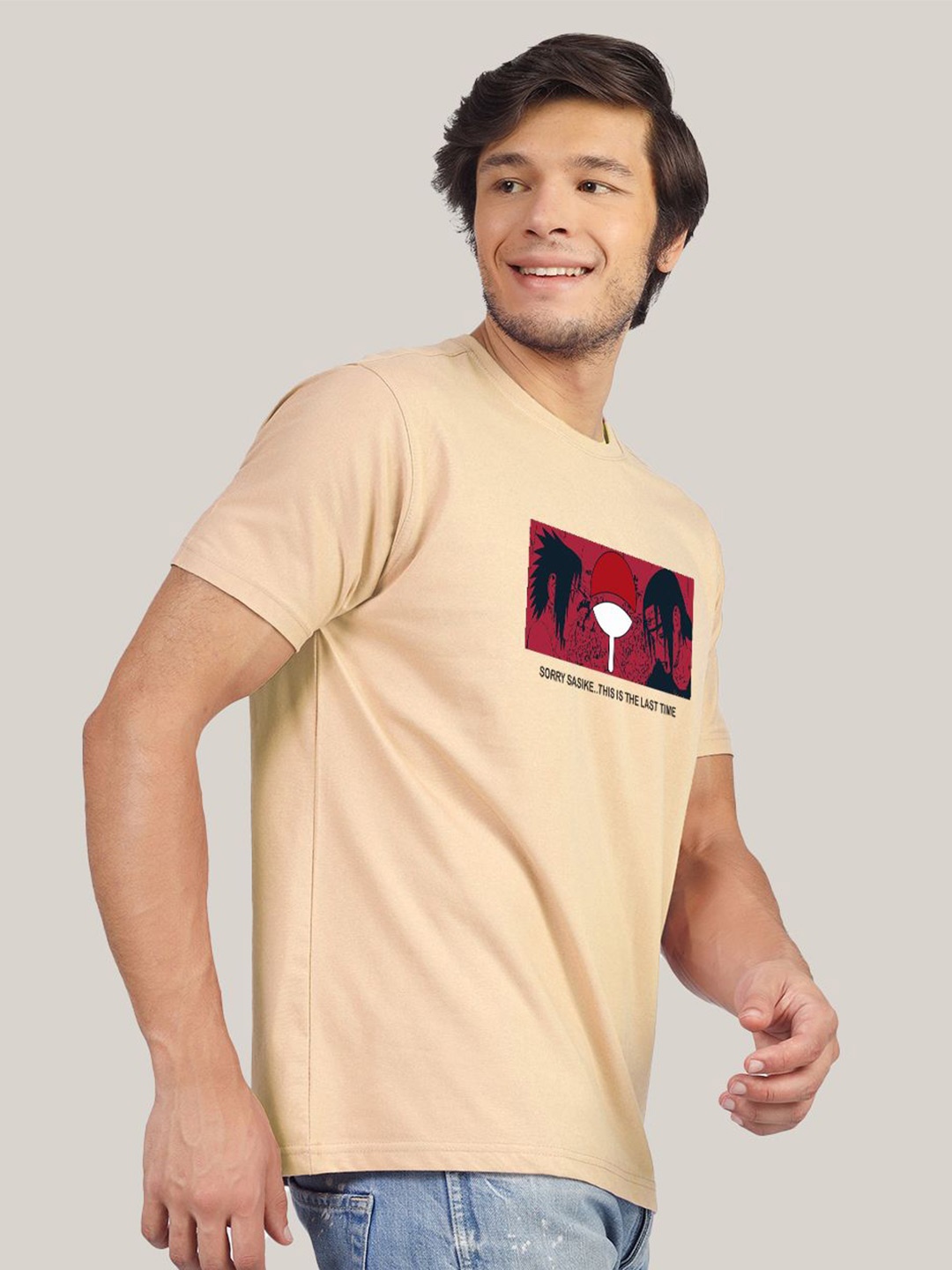 Greylongg Men Graphic Printed Round Neck T-shirt, Beige