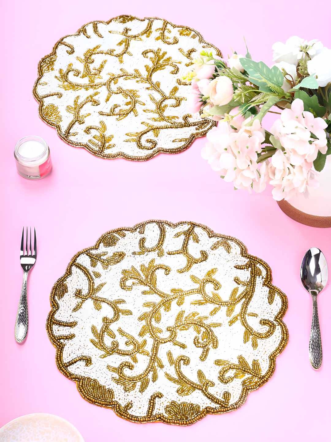 

PURINA'S -2 Pcs Cream Colored Floral Beaded Table Placemats