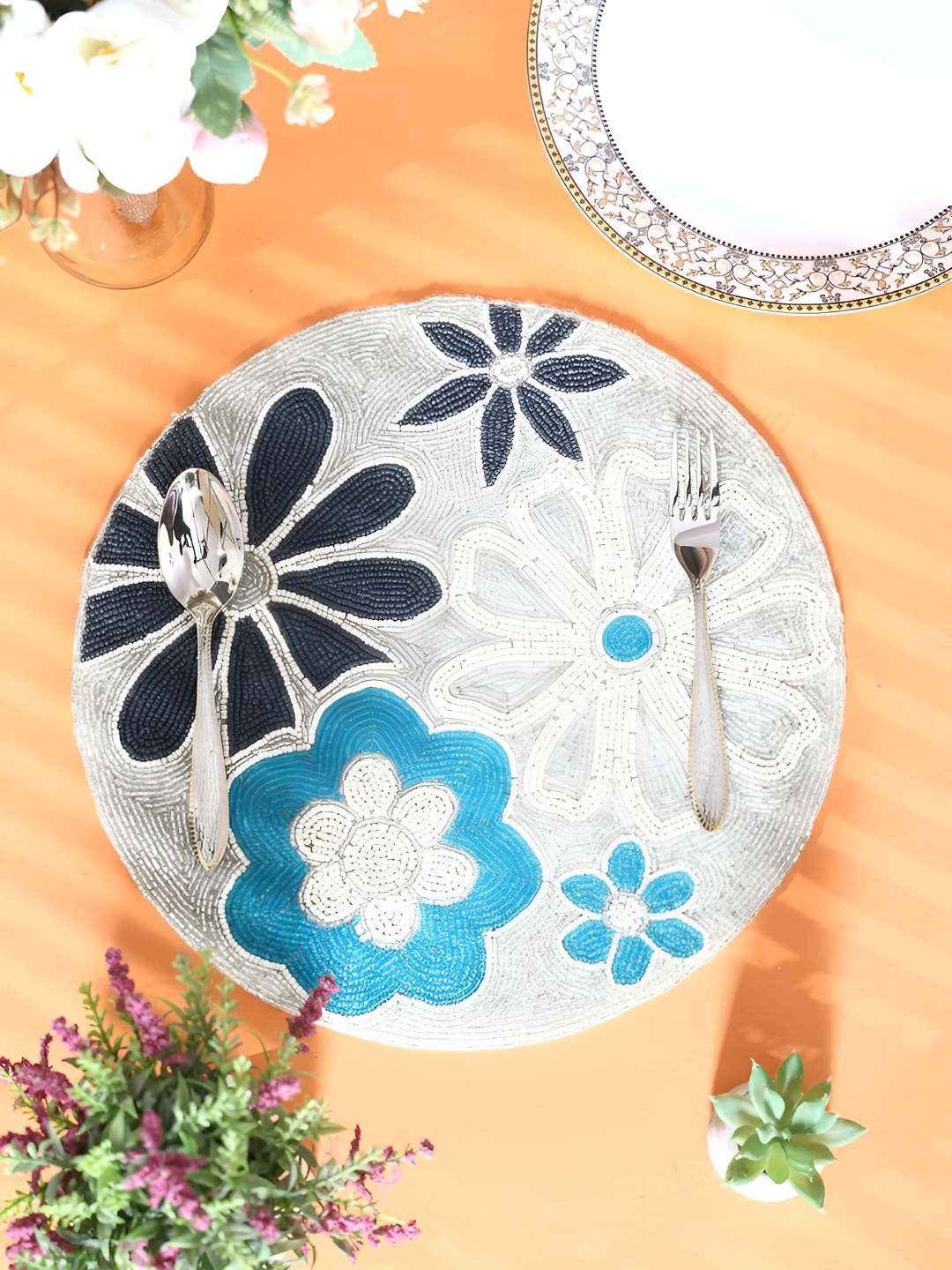 

PURINA'S Grey & Blue Floral Beaded Table Placemats