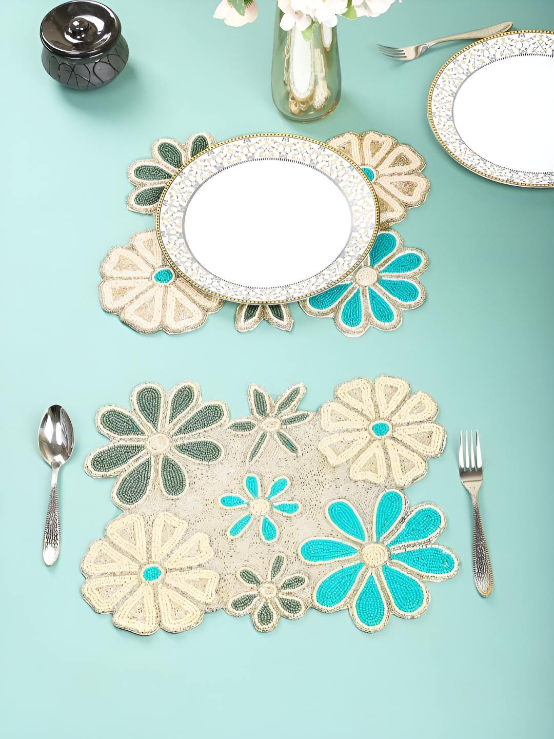 

PURINA'S White & Blue 2 Pieces Embellished Dining Table Beaded Placemats