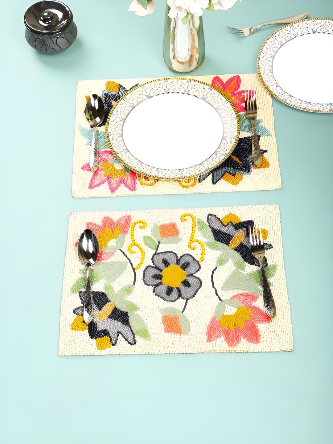

PURINA'S Cream & Peach 2 Pieces Floral Beaded Table Placemats
