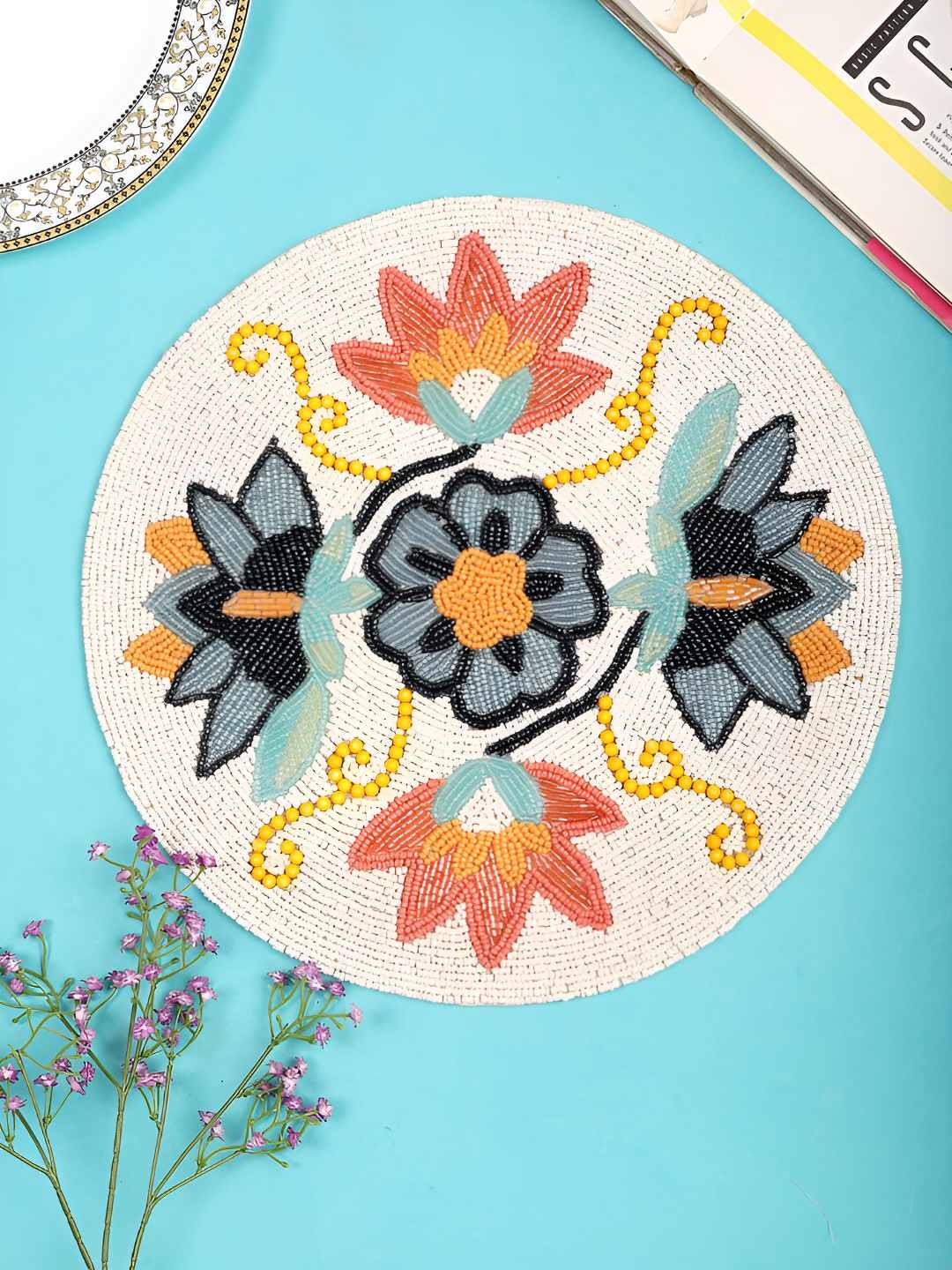 

PURINA'S Cream Color & Black Embellished Round Table Placemats
