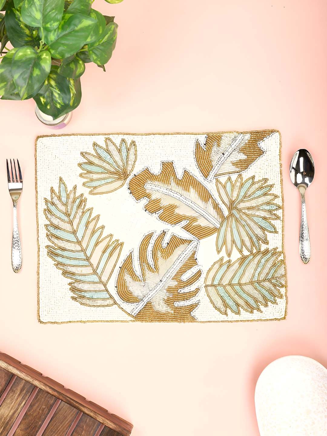 

PURINA'S White & Gold Toned Embellished Dining Table Beaded Placemats