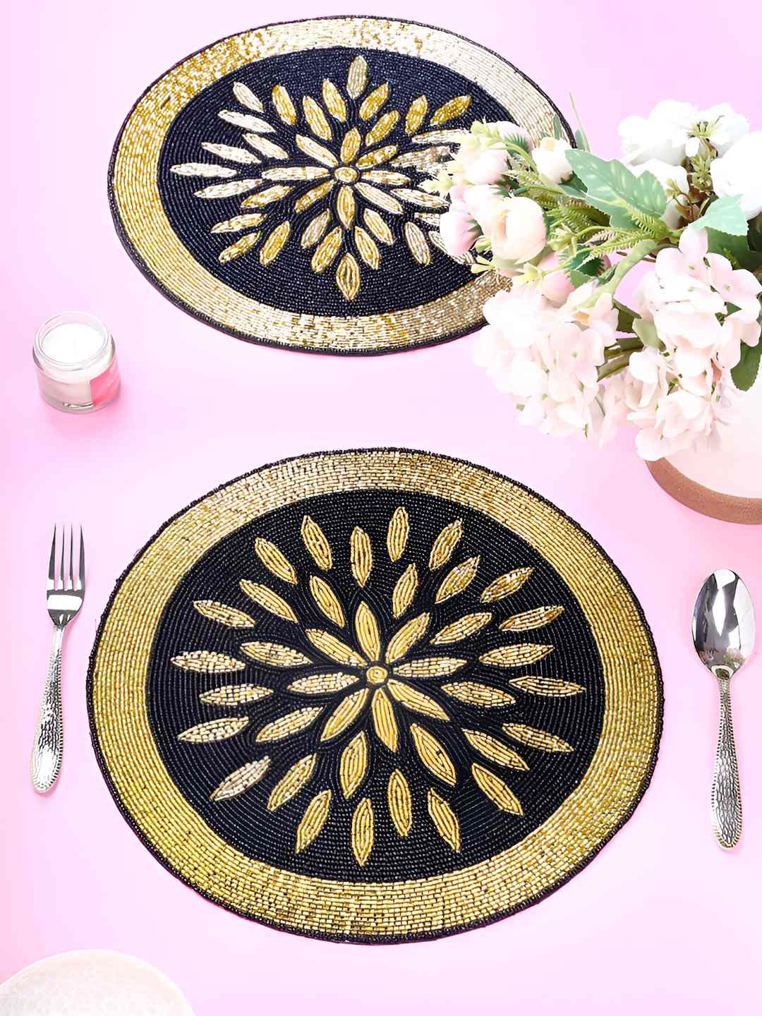 

PURINA'S Black & Beige 2 Pieces Floral Embellished Table Placemats