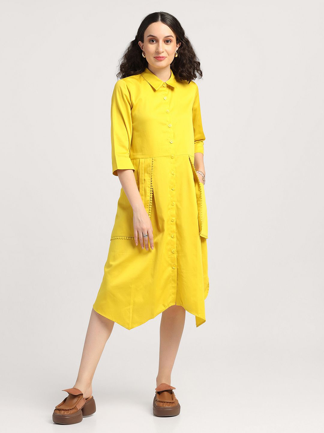 

LELA Shirt Collar A-Line Midi Dress, Yellow