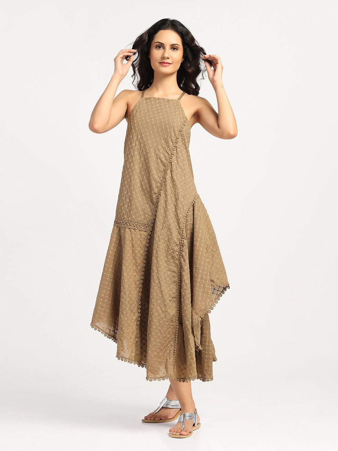 

LELA Embroidered A-Line Maxi Dress, Brown