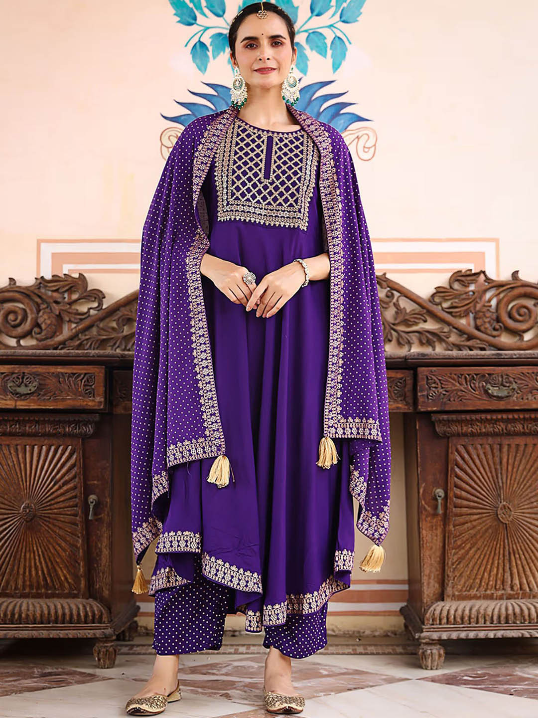 

N N ENTERPRISE Ethnic Motifs Embroidered Empire Anarkali Kurta With Pyjamas & Dupatta, Purple