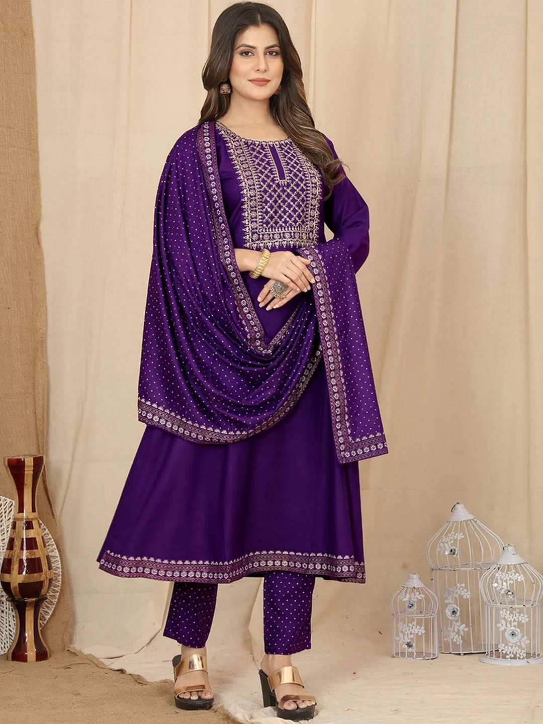 

N N ENTERPRISE Ethnic Motifs Embroidered Empire Anarkali Kurta With Palazzos & Dupatta, Purple