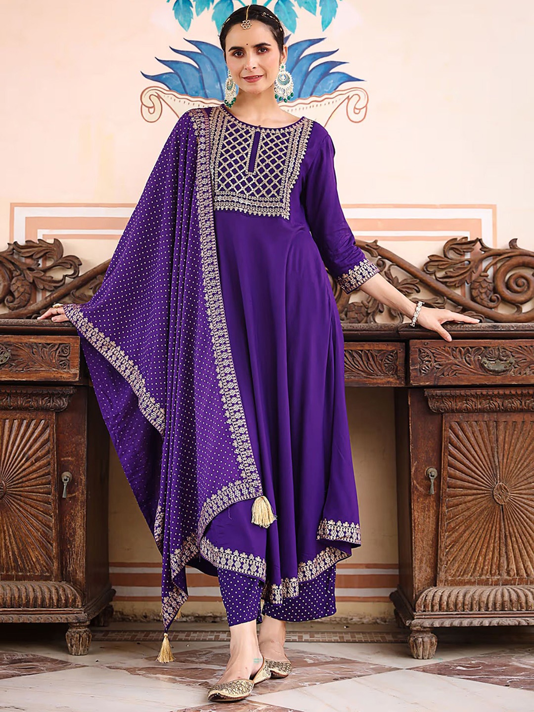 

N N ENTERPRISE Ethnic Motifs Embroidered Empire Anarkali Kurta With Palazzos & Dupatta, Purple