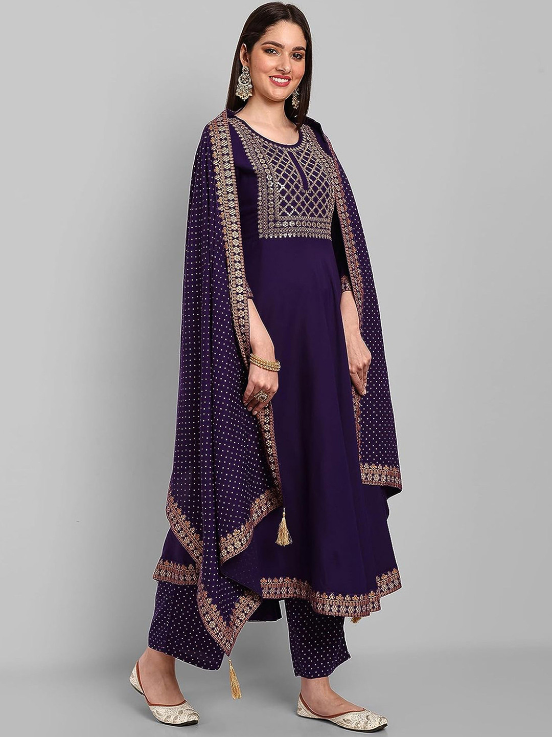 

N N ENTERPRISE Ethnic Motifs Embroidered Empire Anarkali Kurta With Palazzos & Dupatta, Purple