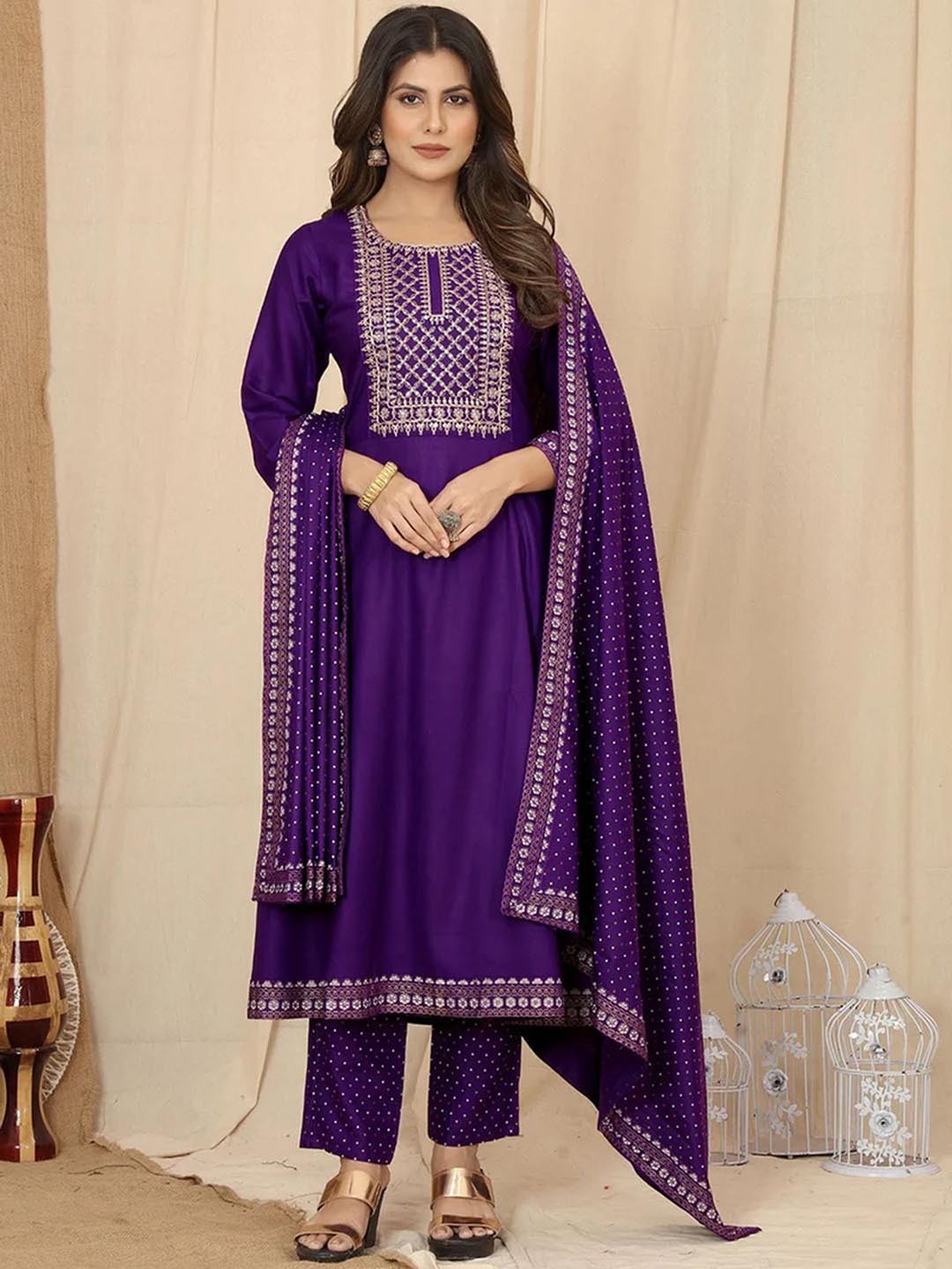 

N N ENTERPRISE Ethnic Motifs Embroidered Empire Anarkali Kurta With Pyjamas & Dupatta, Purple