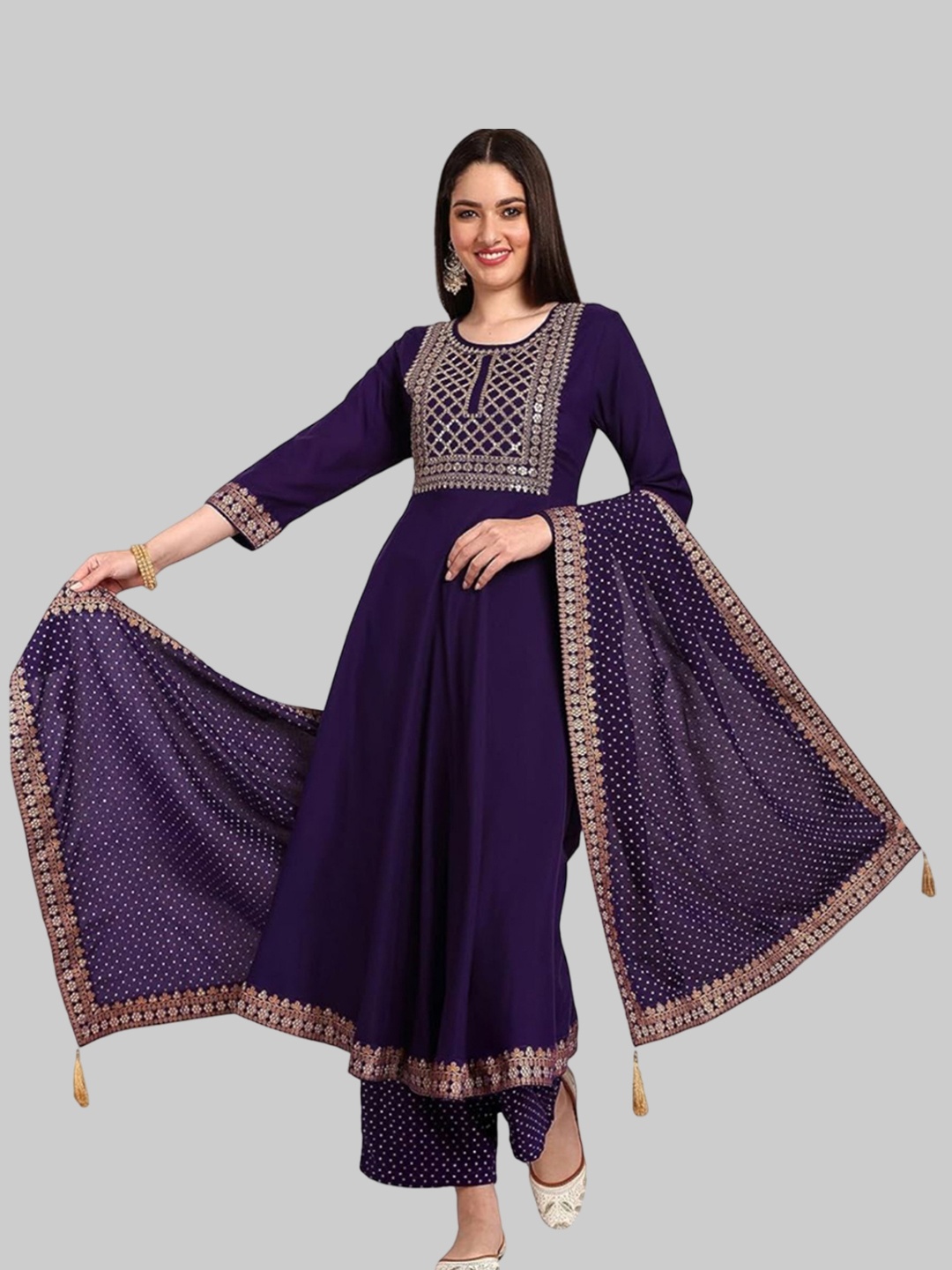 

N N ENTERPRISE Ethnic Motifs Embroidered Empire Anarkali Kurta With Palazzos & Dupatta, Purple