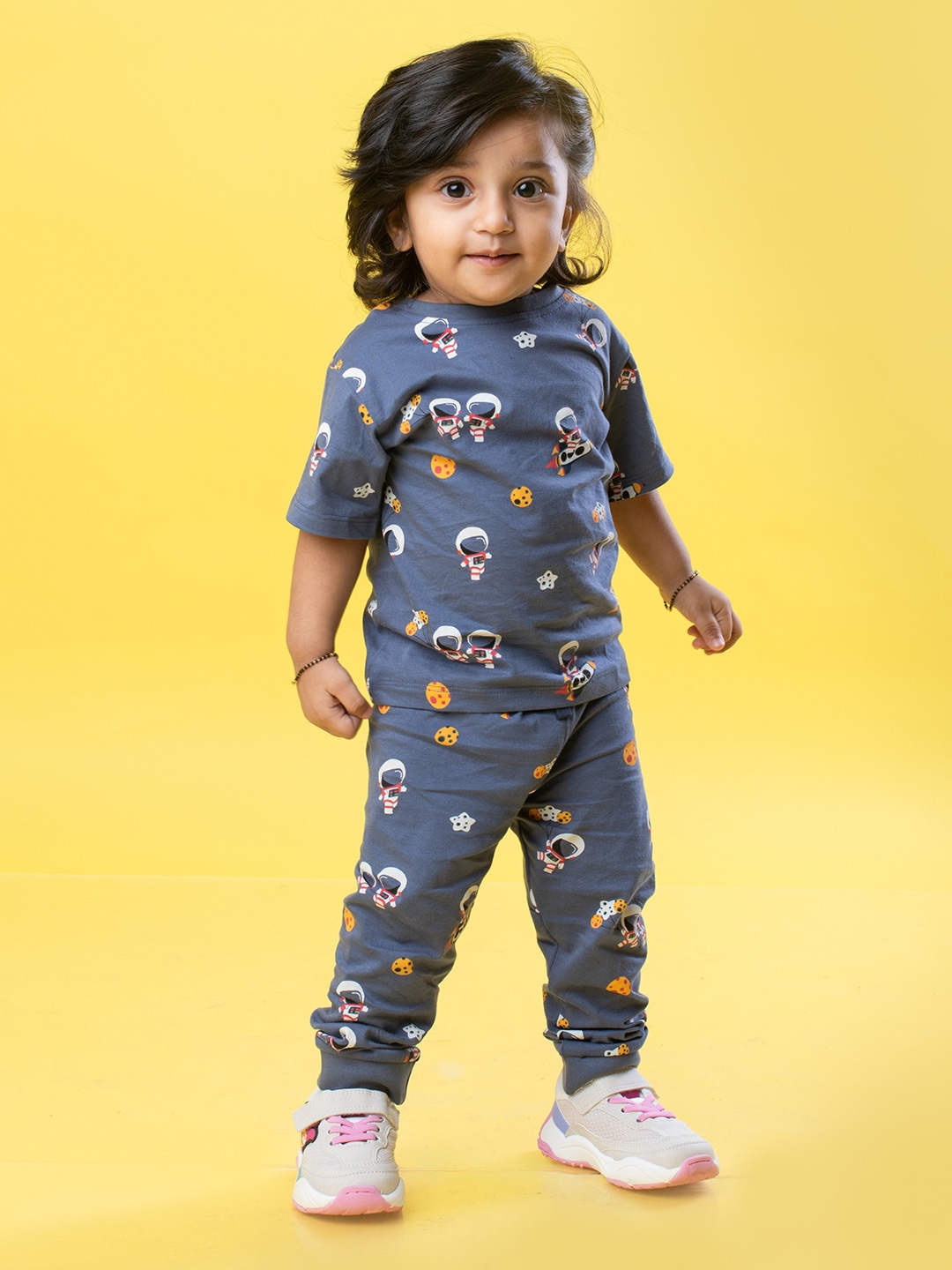 

Orange Sugar Unisex Printed Pure Cotton T-shirt with Pyjamas, Navy blue