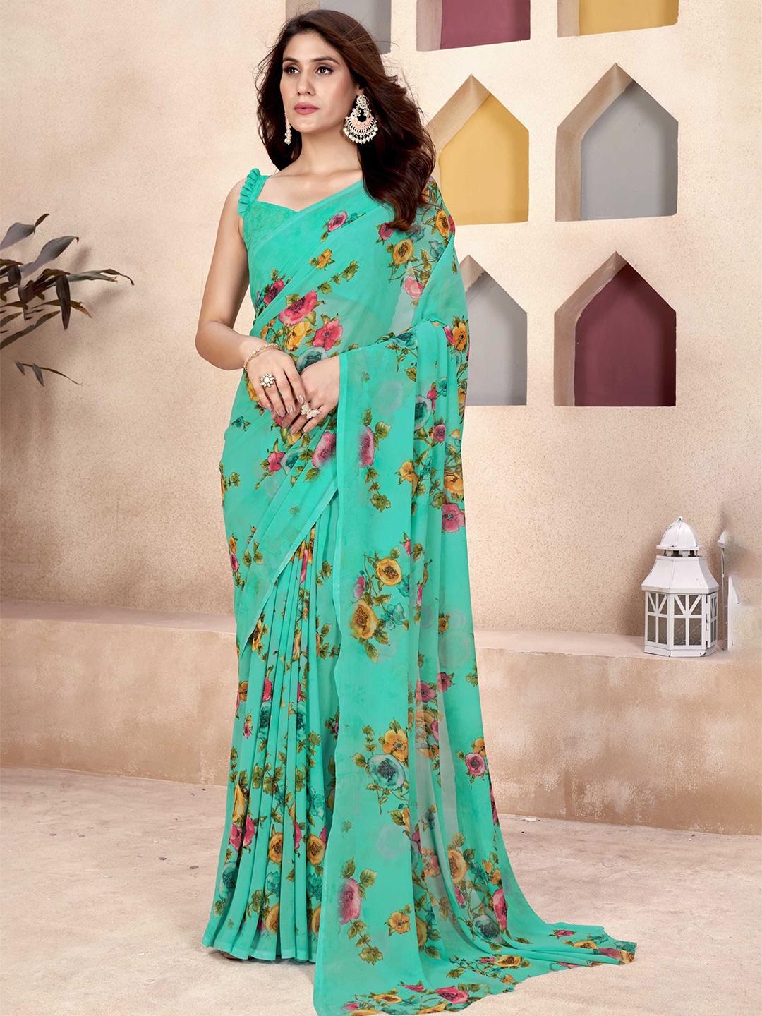 

Panzora Floral Printed Saree With Unstitched Blouse Piece, Green