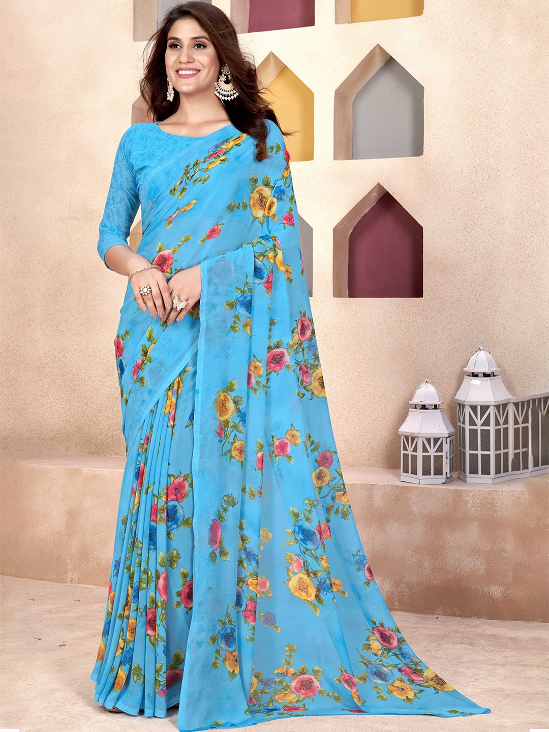 Panzora Floral Printed Saree With Blouse Piece, Blue