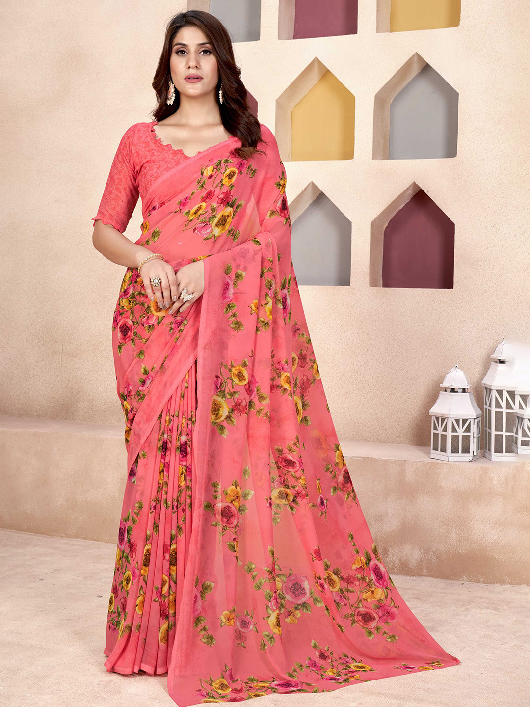 

Panzora Poly Georgette Floral Saree, Peach