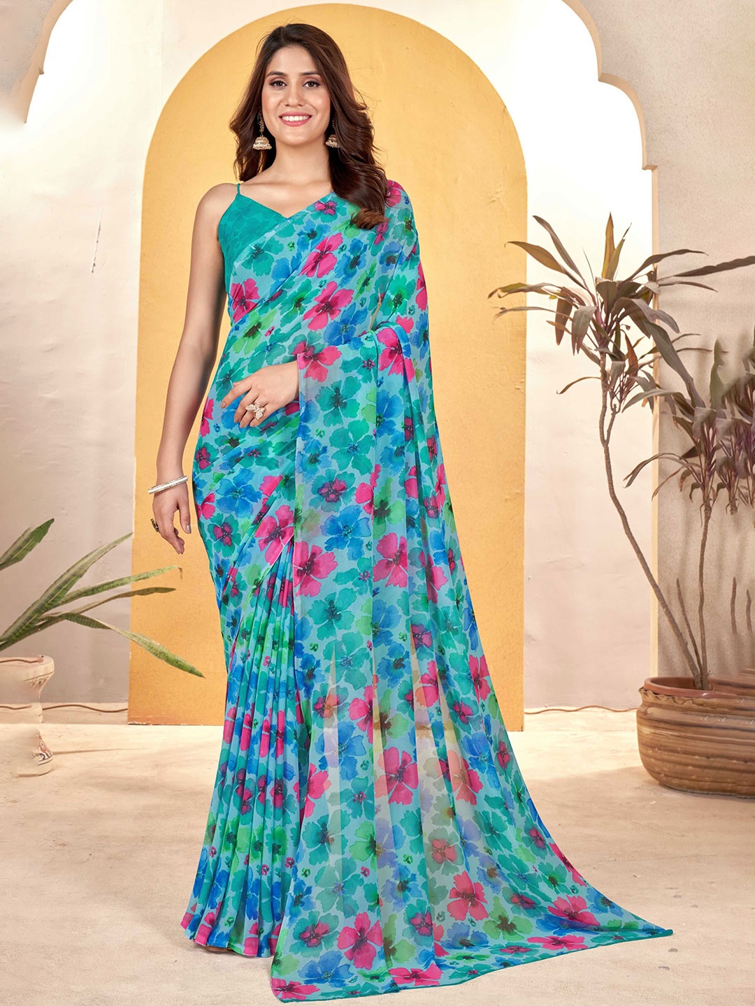 

Panzora Floral Poly Georgette Floral Saree, Teal