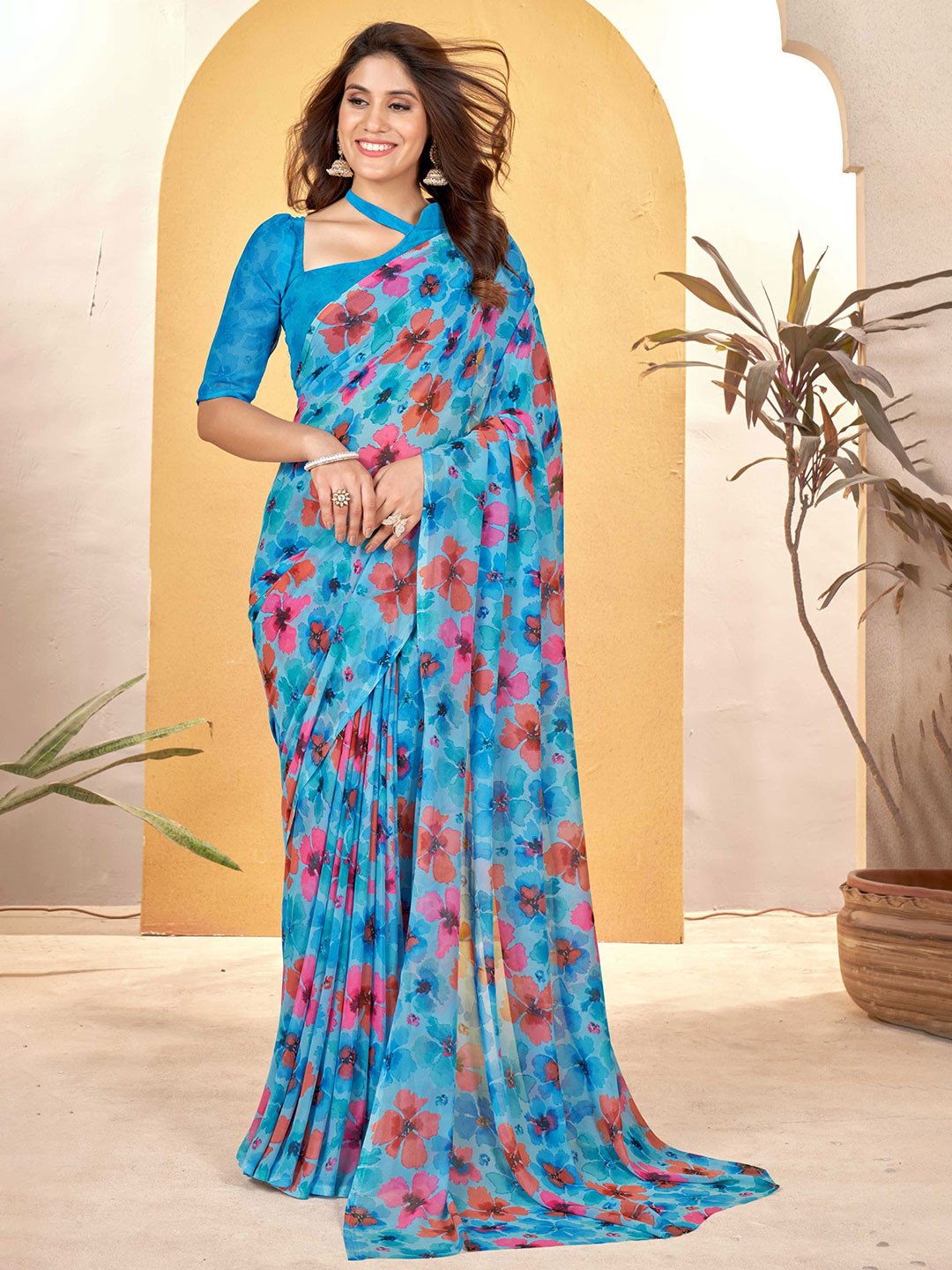 

Panzora Floral Printed Saree, Blue