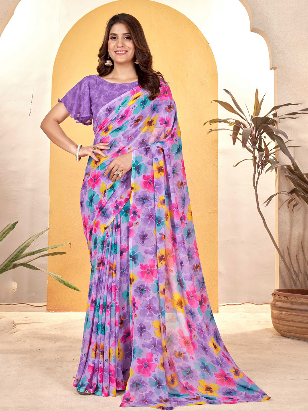 

Panzora Poly Georgette Floral Saree, Lavender
