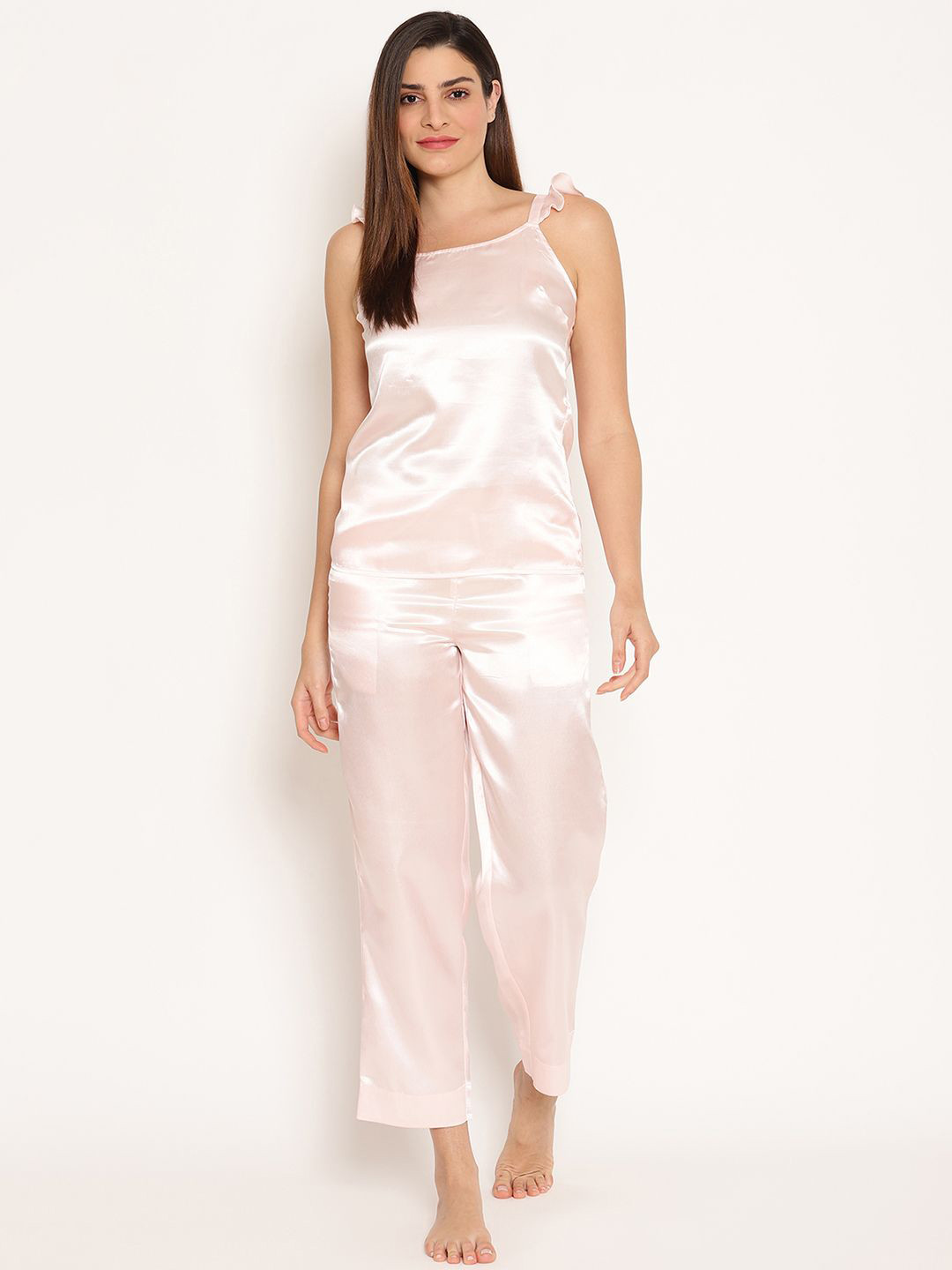 

HOUSE OF KKARMA Women Shoulder Strap Top With Trousers Night Suit, Pink